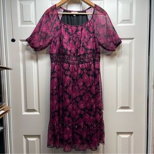 Terra & Sky Women’s Smocked Mesh Dress 3/4 Sleeve Deep Violet Roses Size 1X